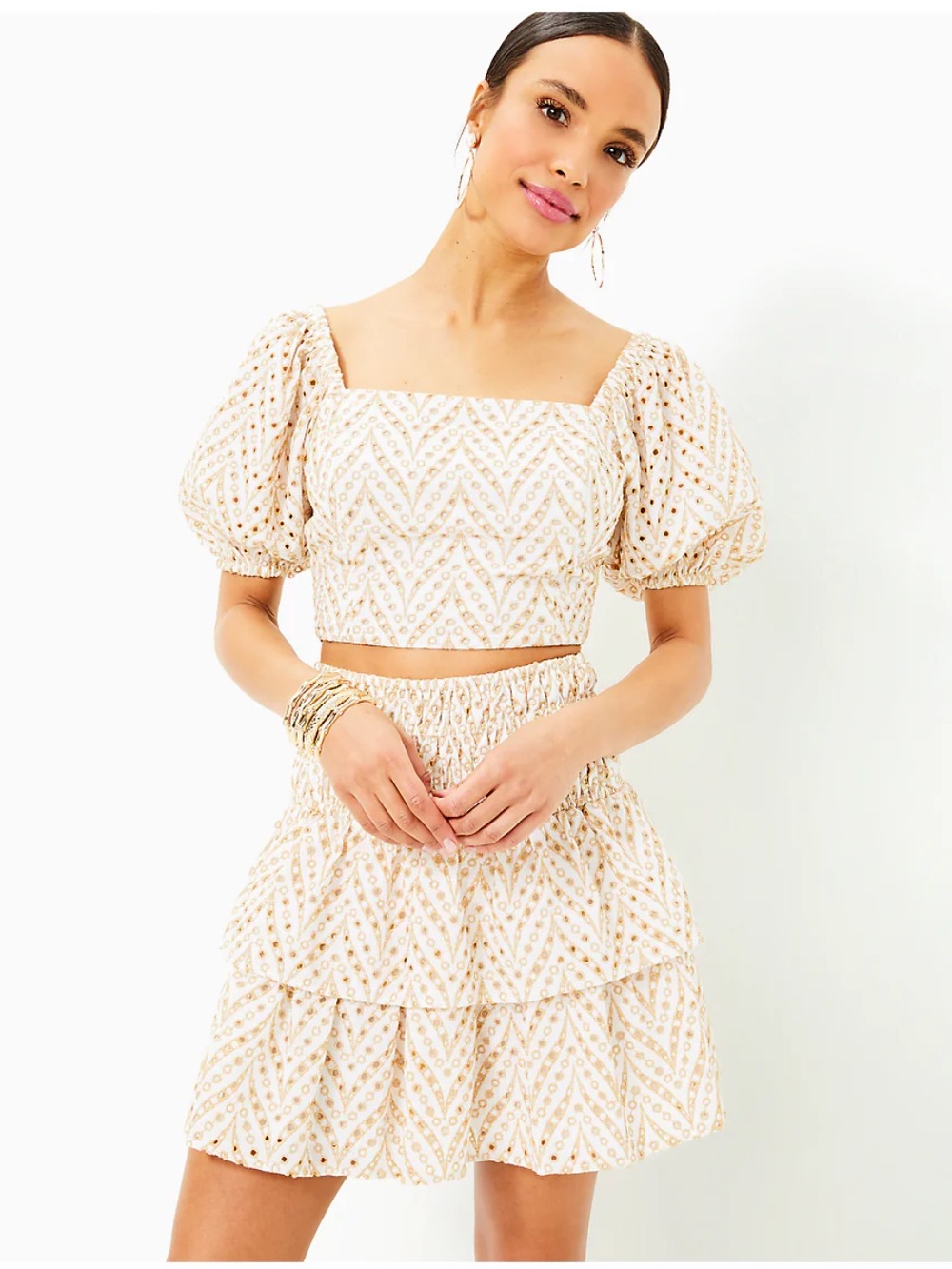 Lilly Pulitzer Cream Smocked Off-Shoulder Top and Ruffle Skirt